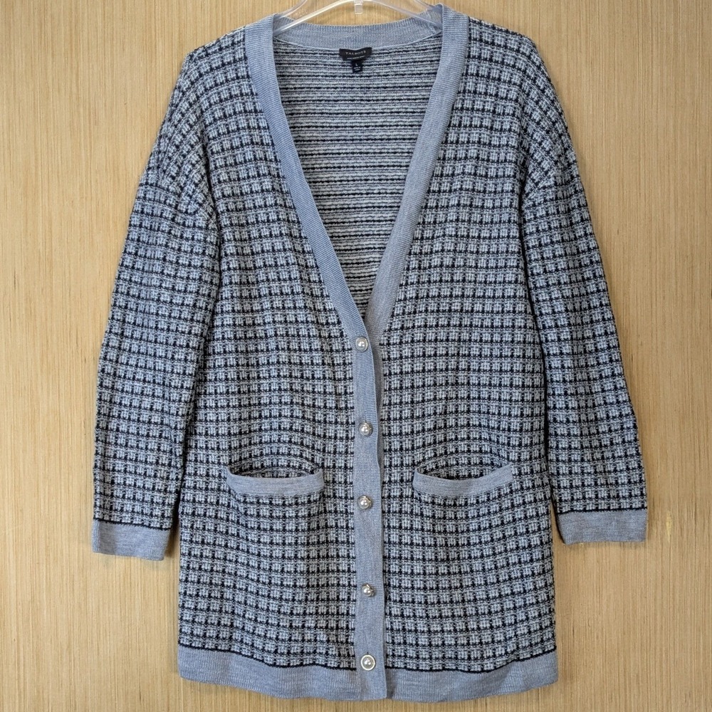 Talbots Preppy Old Money Merino Wool Cardigan Sweater Size L Grey Black Plaid